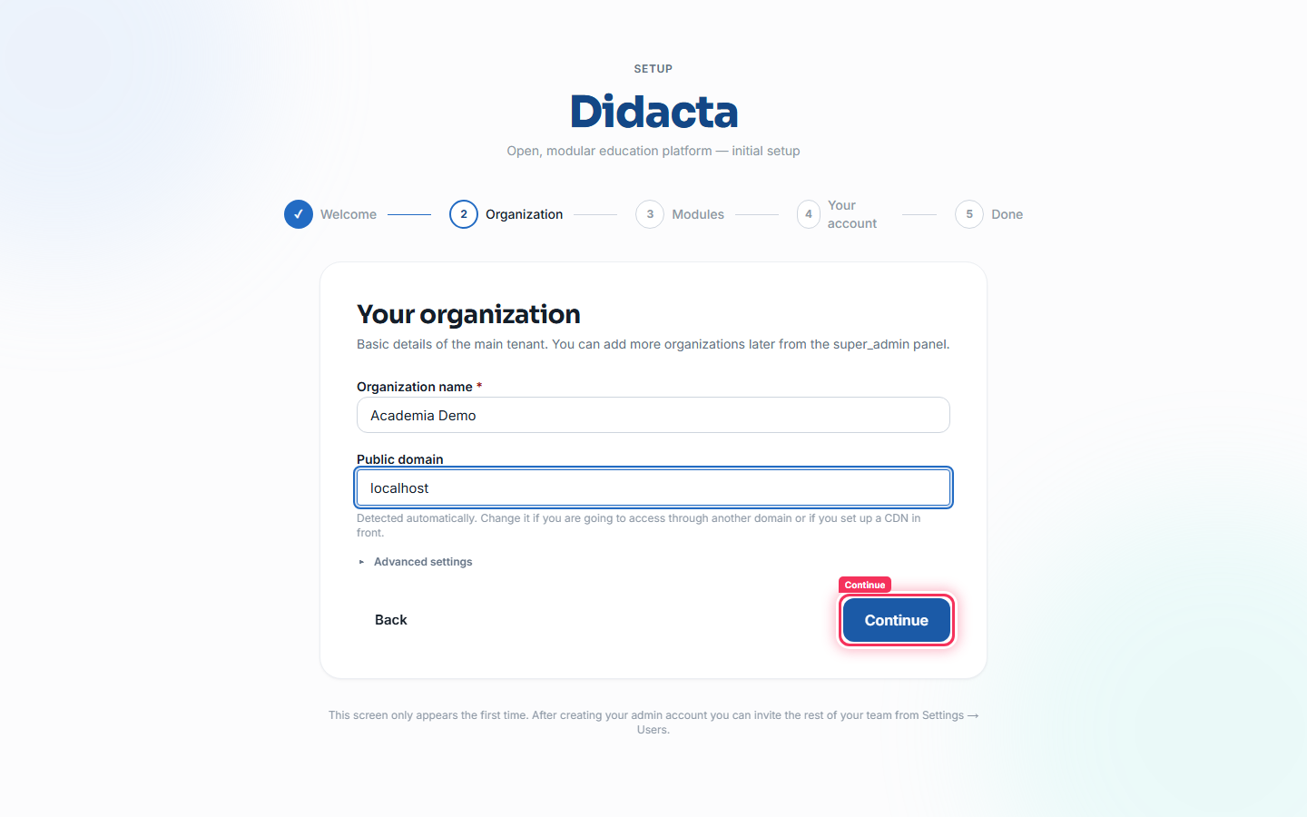 Organization step: name and public domain
