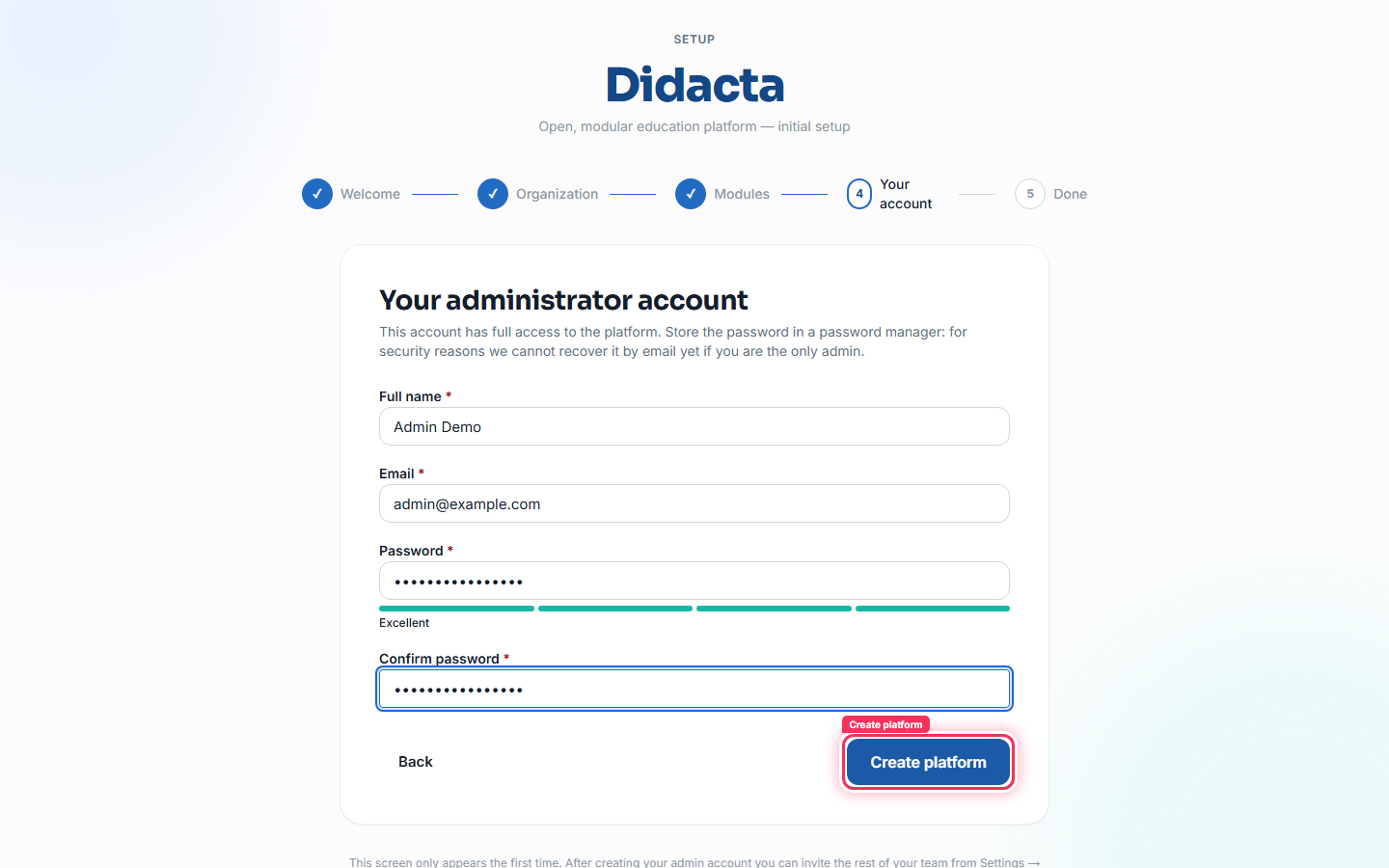 Administrator account step: name, email and password