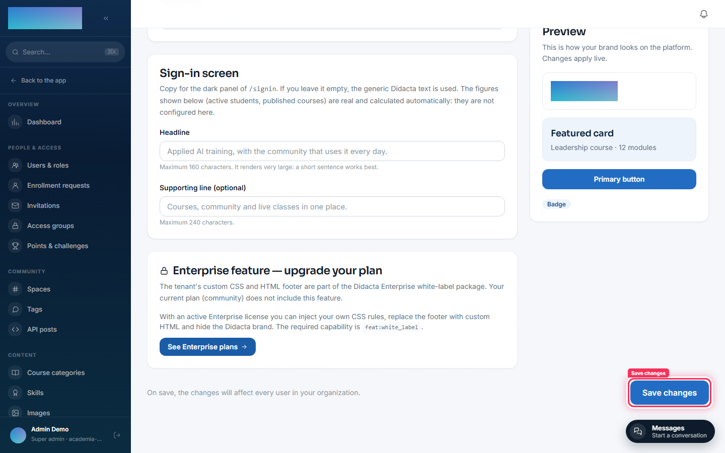 Admin → Branding: logo uploaded and color chosen, before saving