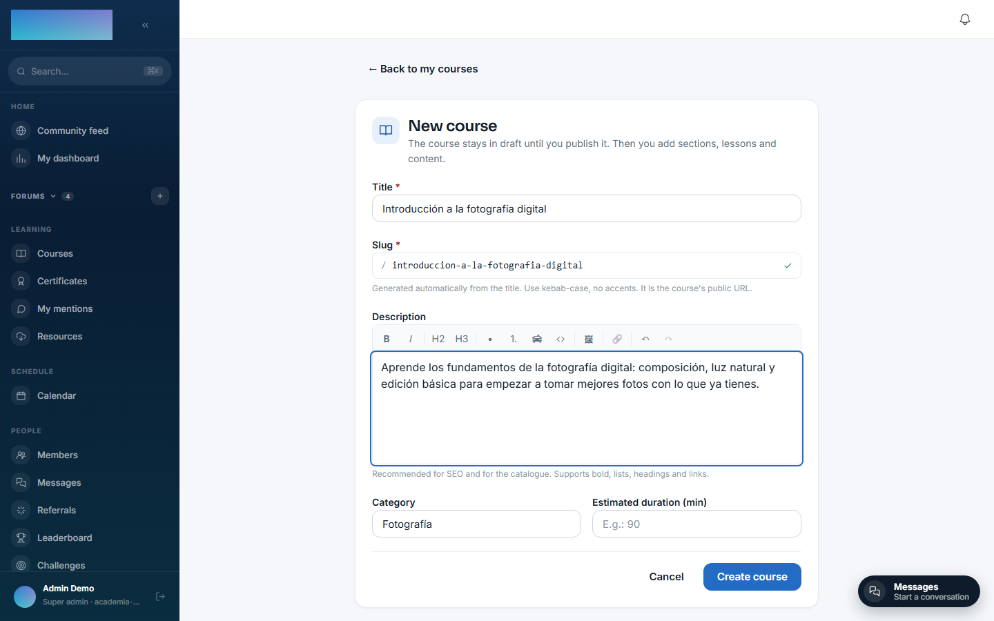 Creating a new course, in draft