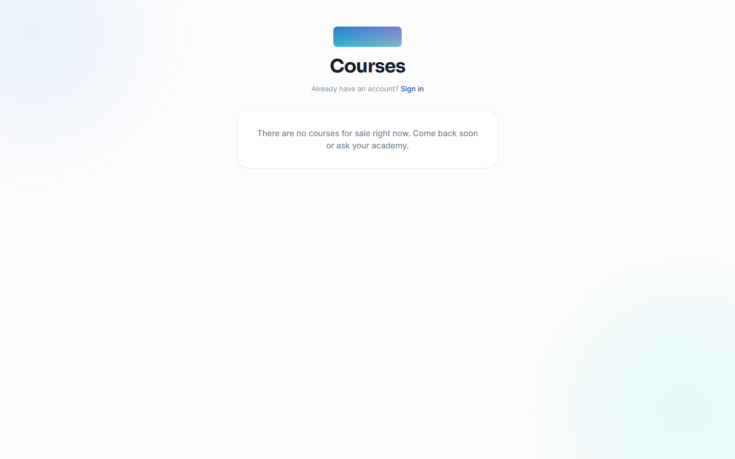 Empty public sales catalog: this course has no price configured