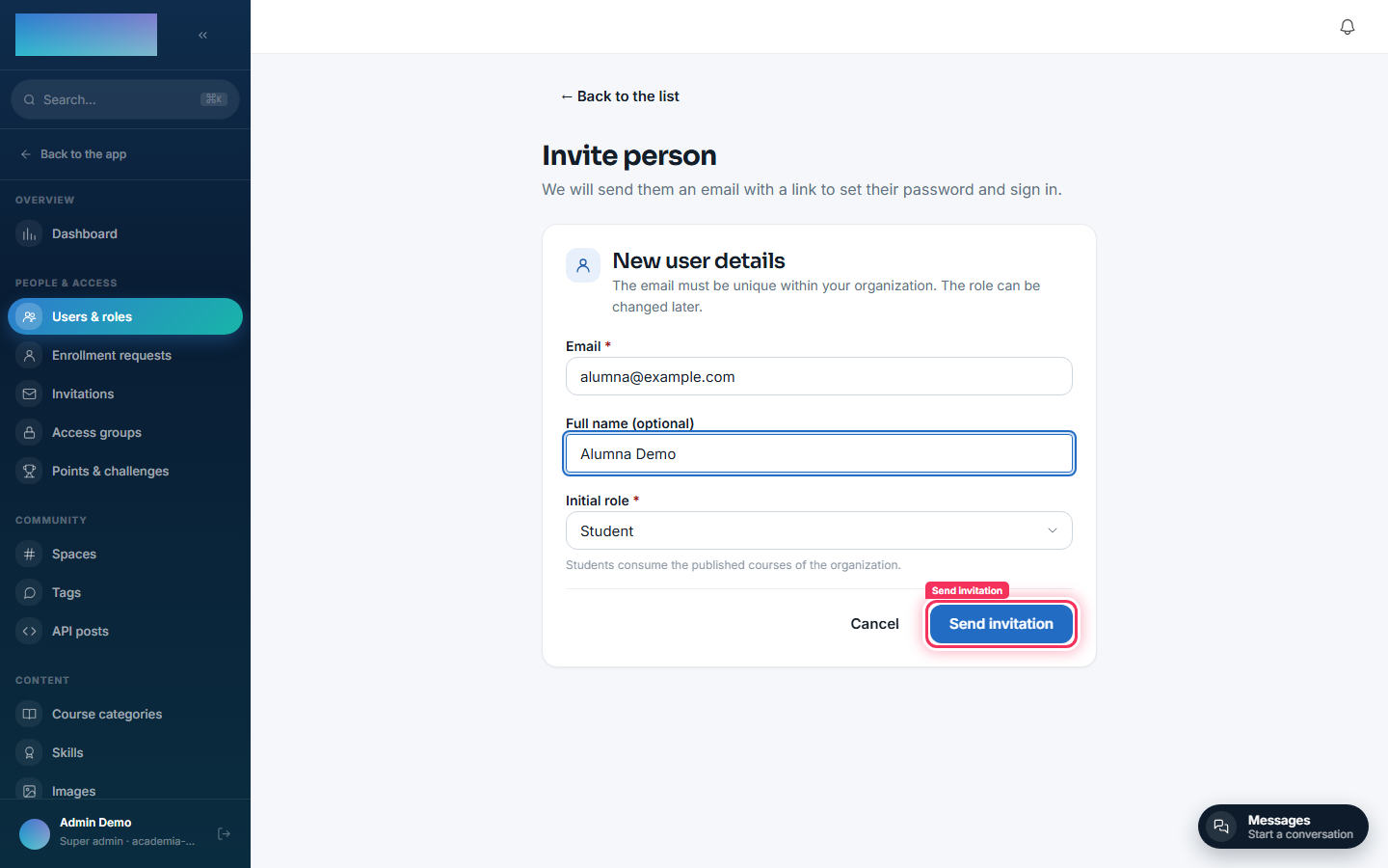 Adding a student through an individual invitation