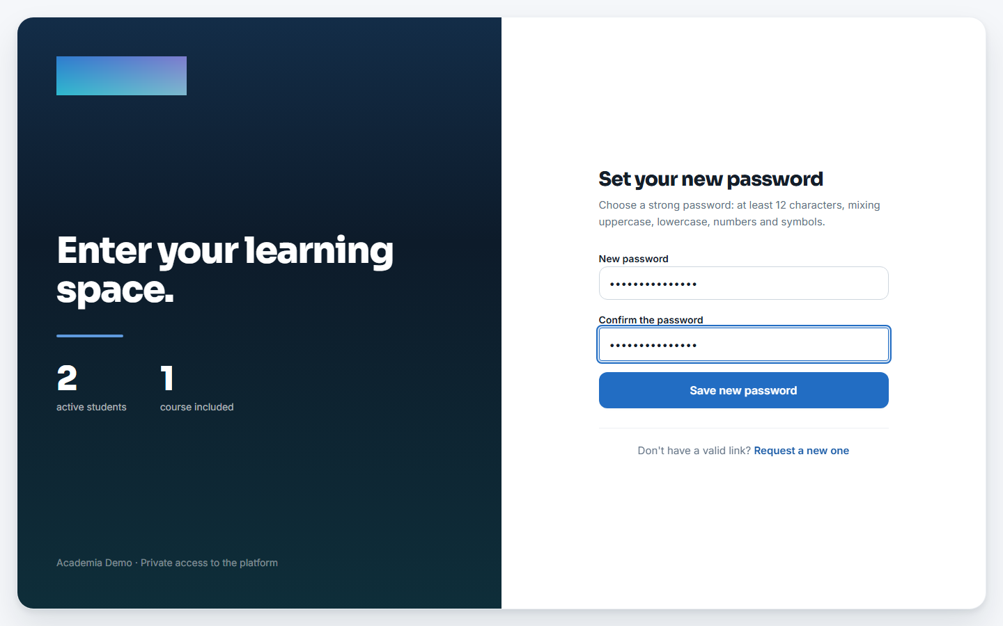 The student sets her password from the email link