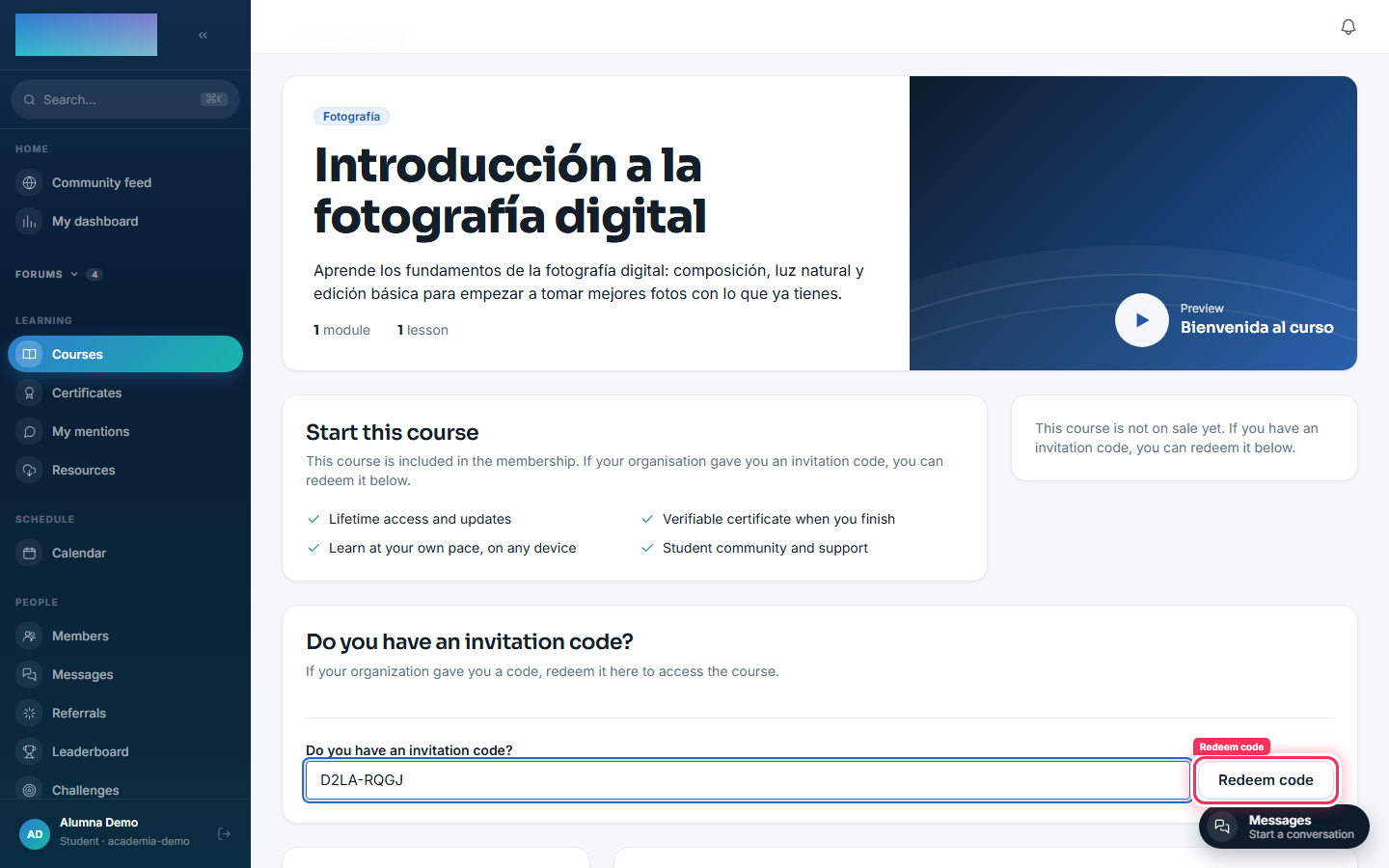 Redeeming the invitation code on the course page
