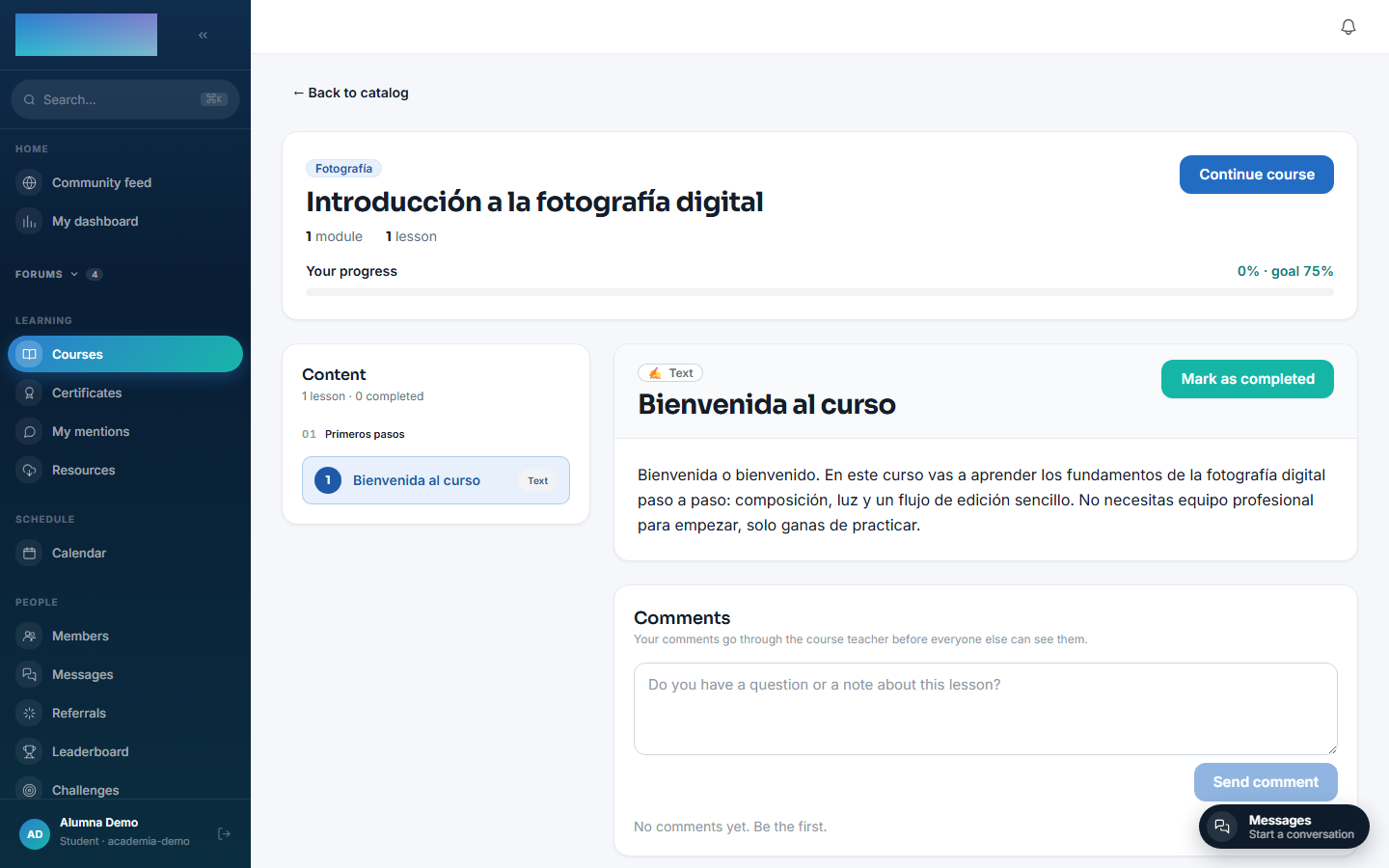 Student enrolled: progress dashboard