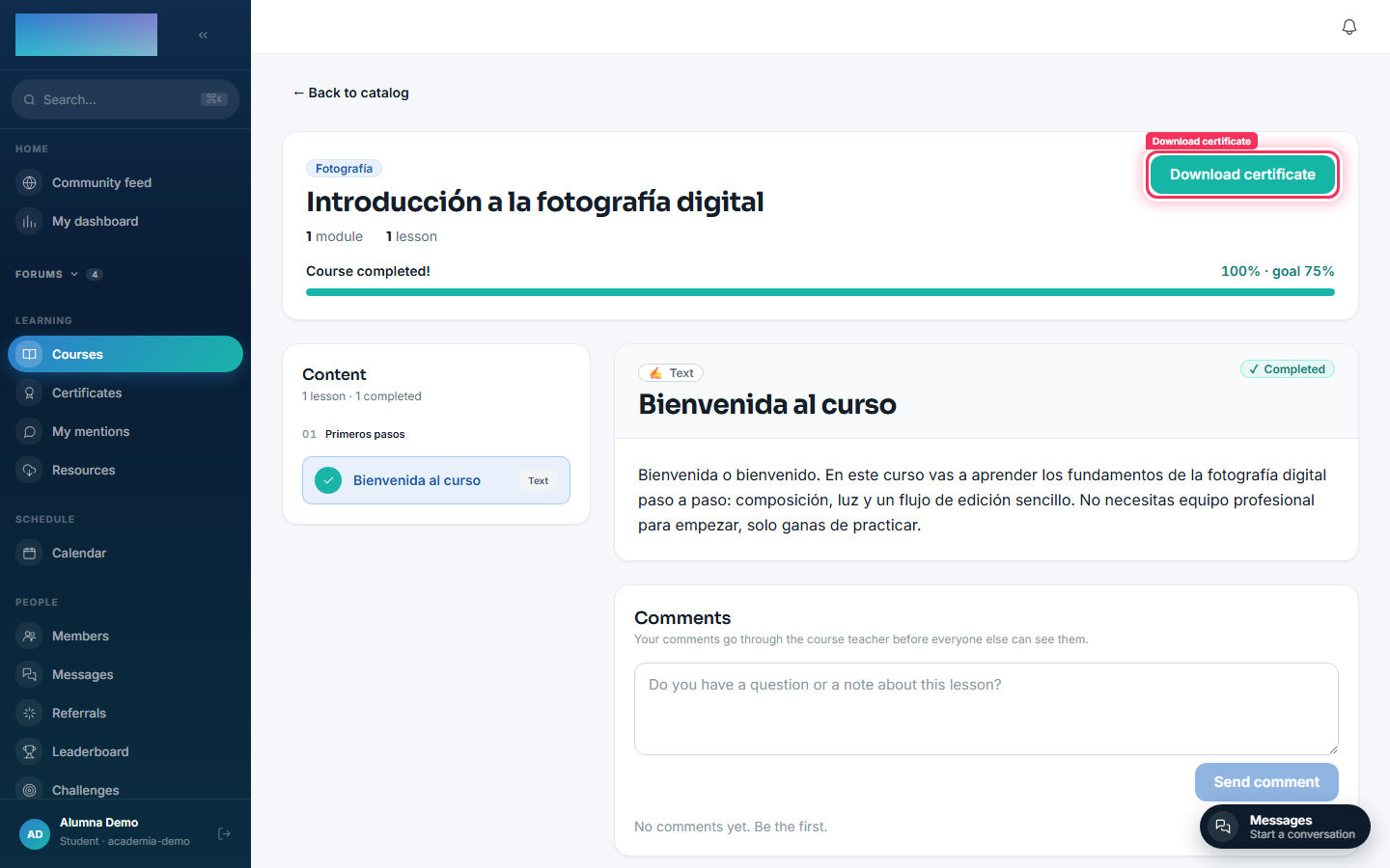 Course completed: certificate ready to download