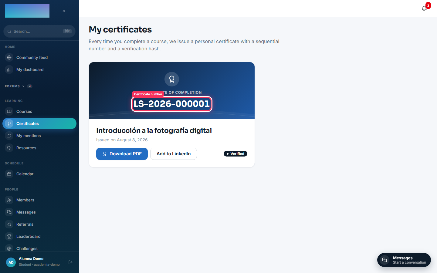 /mis-certificados with the issued certificate