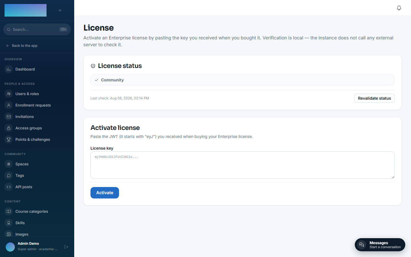 Admin → License: Community status, no active Enterprise license